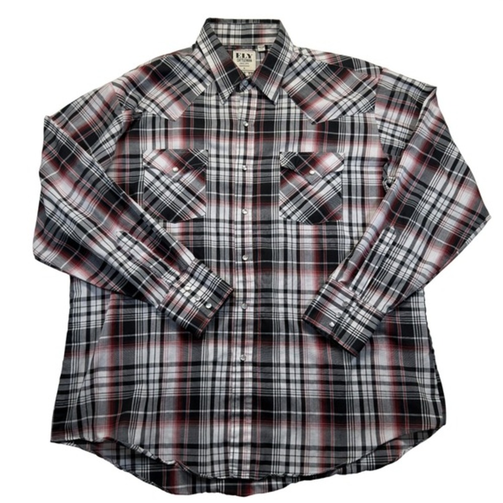 Ely Cattleman Mens XL Western Pearl Snap Shirt Red Black Plaid Cowboy Rodeo - Picture 2 of 7